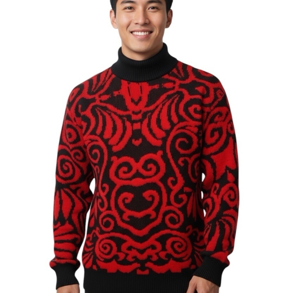 ADELE Men’s Red and Black Vintage 90s Turtleneck Sweater Dad Sweater Size Small